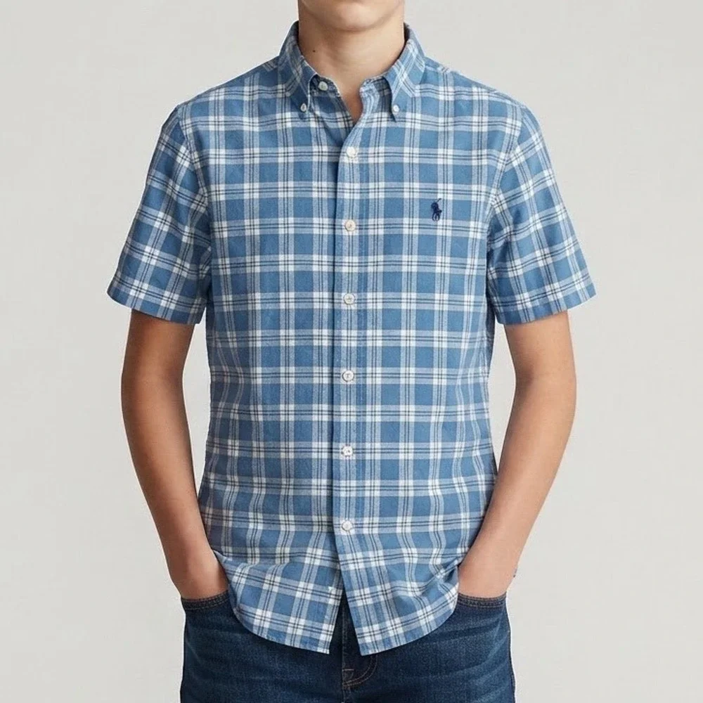 Polo Ralph Lauren Kids XL 18-20 Blue White Plaid Short Sleeve Button Down Shirt